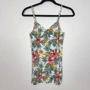 No Boundaries Juniors Y2K Tropical Floral Ribbed Cami Tank Sz L White Beach Boho